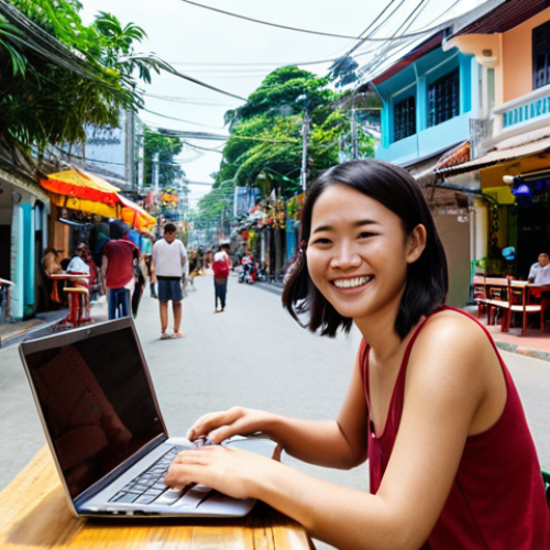 Secure Digital Nomad Haven**

Prompt:  A vibrant street scene in Da Nang, Vietnam, during the daytime.  Show a smiling digital nomad working on a laptop at an outdoor cafe.  In the background, a friendly local interacts with another tourist. Focus on the feeling of safety, community, and modern amenities blending with local culture.  Subtle security camera visible.

**