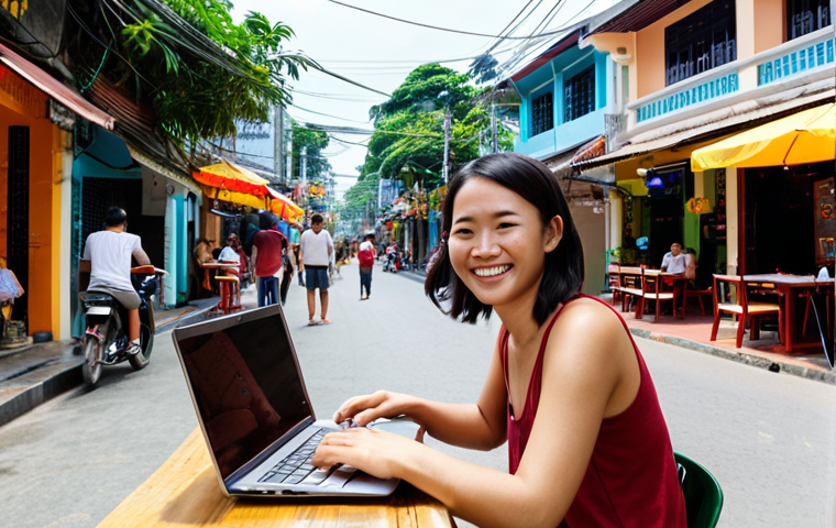 Secure Digital Nomad Haven**
Prompt: A vibrant street scene in Da Nang, Vietnam, during the daytime. Show a smiling digital nomad working on a laptop at an outdoor cafe. In the background, a friendly local interacts with another tourist. Focus on the feeling of safety, community, and modern amenities blending with local culture. Subtle security camera visible.
**